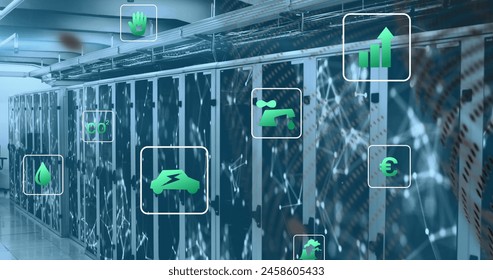 Image of green technology icons and connected dots on data server racks. Digital composite, network security, data center, networking, technology, sustainable, environmental conservation.