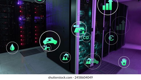 Image of green technology icons moving over data server racks. Digital composite, network security, data center, networking, technology, network server, sustainable, environmental conservation.