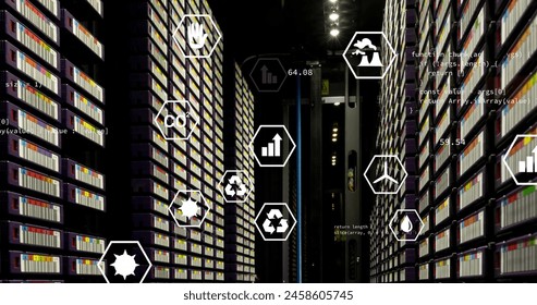Image of green technology icons moving over data server systems. Digital composite, network security, data center, networking, technology, network server, sustainable, environmental conservation.