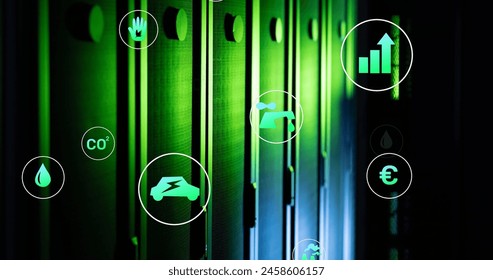 Image of green technology icons over data server systems. Digital composite, network security, data center, networking, technology, network server, sustainable, environmental conservation.