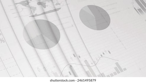 Image of grey charts and diagrams on white background. Business, data processing and digital interface concept digitally generated image.