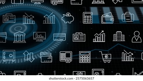 Image of grid of business icons over circular scanner processing data on black background. Network, data, digital interface, finance, processing and communication, digitally generated image.