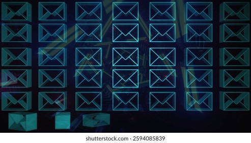 Image of grid of envelope icons over glowing spiral on black background. Digital interface, data, business, network, connection and communication, digitally generated image.
