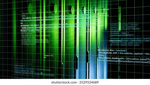 Image of grid pattern and multicolored computer language over data server systems. Digital composite, multiple exposure, coding, programming language, data center, networking and technology.