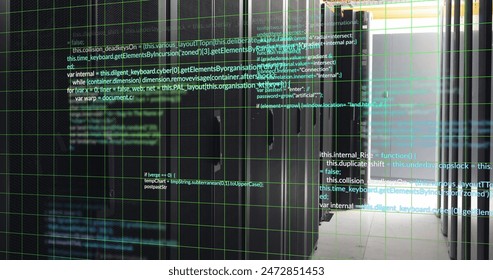 Image of grid pattern over computer language against server room in background. Digital composite, multiple exposure, three dimensional, coding, data center, networking, technology concept.