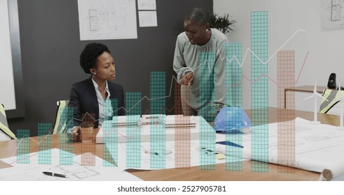 Image of growing graphs over diverse female architects discussing 3d model of building in office. Digital composite, multiple exposure, report, business, profit, profession and teamwork concept. - Powered by Shutterstock