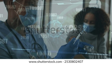Image of growing numbers and virus cells over diverse doctor and patient wearing face masks. global medicine, healthcare and technology during covid 19 pandemic concept digitally generated image.
