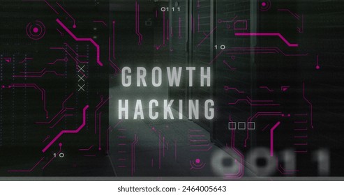 Image of growth hacking and binary codes against server room in background. Digital composite, multiple exposure, coding, data center, networking, technology and network server concept. - Powered by Shutterstock - Get 15% off with code: PIKWIZARD15