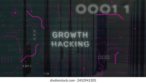 Image of growth hacking text and binary codes over computer language on server room. Digital composite, multiple exposure, coding, networking, technology and network server concept.