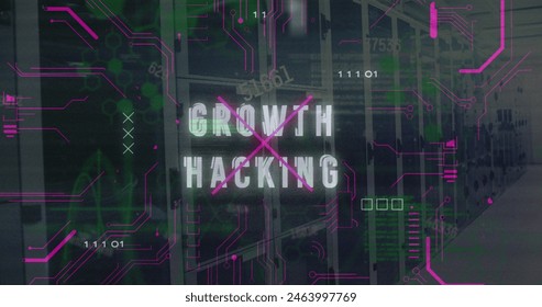 Image of growth hacking text, changing numbers, binary codes, computer language over server room. Digital composite, multiple exposure, coding, business, networking, technology and network server.
