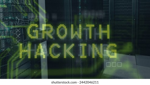 Image of growth hacking text and data processing over server room. Global business and digital interface concept digitally generated image.