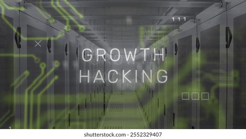 Image of growth hacking text over data processing and server room. Technology and digital interface concept digitally generated image.