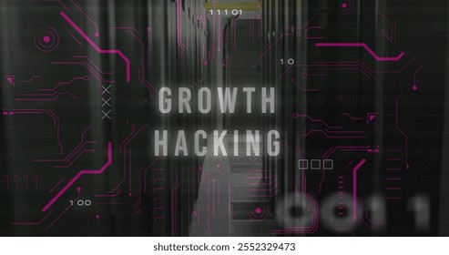 Image of growth hacking text over data processing and server room. Technology and digital interface concept digitally generated image. - Powered by Shutterstock - Get 15% off with code: PIKWIZARD15