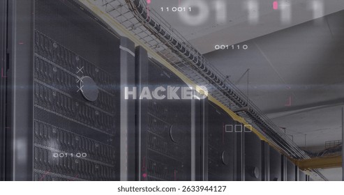 Image of hacked text and data processing over server room. Global business and digital interface concept digitally generated image.