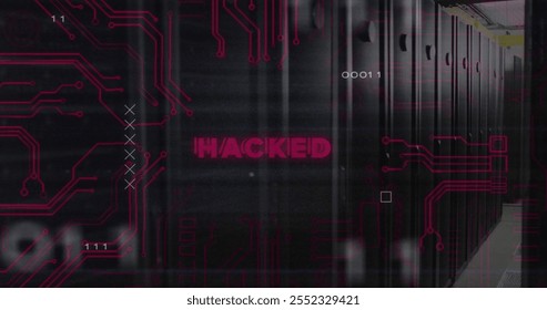 Image of hacked text over data processing and server room. Technology and digital interface concept digitally generated image. - Powered by Shutterstock