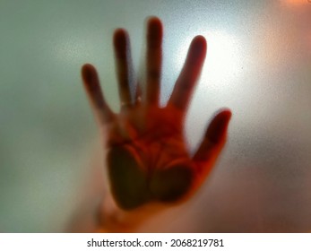 Image Of Hand Behind The Frosted Glass Sign Of Scary Fear Bad Haunting Horror.