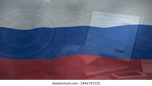 Image of hand of caucasian male hacker over flag of russia. ukraine crisis, cyber warfare and international politics concept digitally generated image. - Powered by Shutterstock