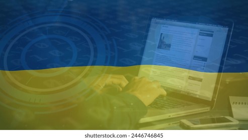 Image of hand of caucasian male hacker over flag of ukraine. ukraine crisis, cyber warfare and international politics concept digitally generated image. - Powered by Shutterstock