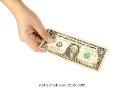 Image Of Hand Hold One Dollar On White Background