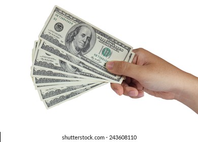 Image Of Hand Holding 100 Dollar Bills Isolated On White