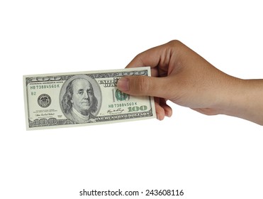 Image Of A Hand Holding 100 Dollar Bill Isolated On White