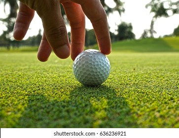 Image Of A Hand Picking Up A Golf Ball From The Fairway. 