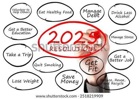 Image of hand using marker to write new year resolutions of 2025, isolated on white background