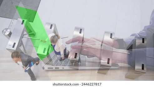 Image of hands using laptop with green screen, over businesswomen walking through turnstiles. business and communication technology concept digitally generated image. - Powered by Shutterstock