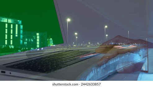 Image of hands of woman using laptop with green screen over sped up traffic in city at night. business and communication technology concept digitally generated image. - Powered by Shutterstock