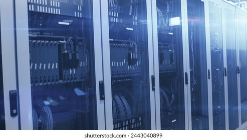 Image of handwritten mathematical equations and digital interface over network of computer servers in tech room. Global digital computer network concept digitally generated image.