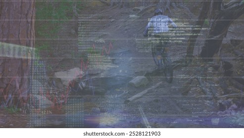 Image of handwritten mathematical equations recording over man cycling in forest in the background. Technology digital data processing measuring concept digital composite. - Powered by Shutterstock