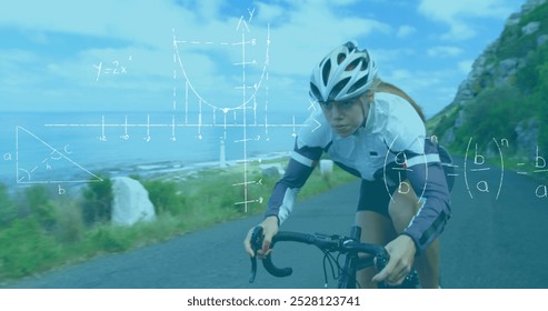 Image of handwritten mathematical equations recording over woman cycling on the road in the background. Technology digital data processing measuring concept digital composite. - Powered by Shutterstock