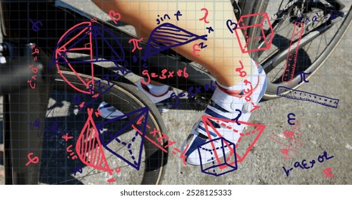 Image of handwritten mathematical equations recording over woman cycling on the road in the background. Technology digital data processing measuring concept digital composite. - Powered by Shutterstock