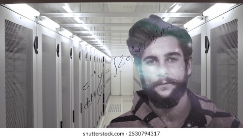 Image of handwritten mathematical equations and spots of light moving over portrait of bearded man in computer server room. Global digital network concept digital composite.