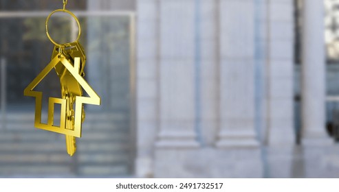 Image of hanging golden house keys against blurred view of building entrance with copy space. Relocation and real estate concept - Powered by Shutterstock