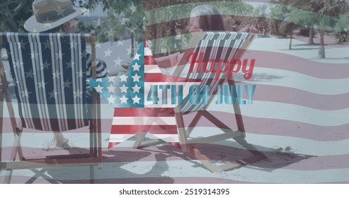 Image of happy 4th of july text and usa flag over senior caucasian couple holding hands on beach. Retirement, relaxation, america, summer, love and vacations, digitally generated image. - Powered by Shutterstock