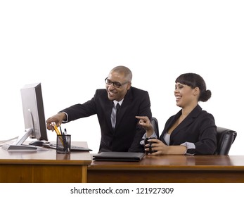 Image Of Happy Business People Pointing On The Computer Against White Background