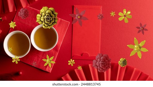 Image of happy chinese new year ext over lanterns and chinese pattern on red background. Chinese new year, festivity, celebration and tradition concept digitally generated image. - Powered by Shutterstock