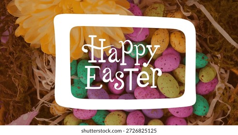 Image of happy easter text over colourful easter eggs. Easter, religion, festivity, celebration and tradition concept digitally generated image.