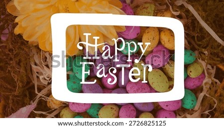 Image of happy easter text over colourful easter eggs. Easter, religion, festivity, celebration and tradition concept digitally generated image.