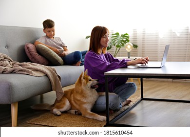 Image Of A Happy Family, Boy On The Couch And His Mother Sitting On The Floor With Nine Months Old Japanese Akita Inu Doggy. Kid, His Mom And Funny Big Breed Dog Playing At Home. Close Up, Copy Space.