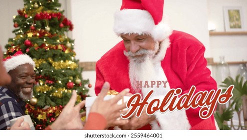 Image of happy holidays text over santa claus and diverse senior friends at christmas at home. Chirstmas, celebration and tradition concept digitally generated image. - Powered by Shutterstock