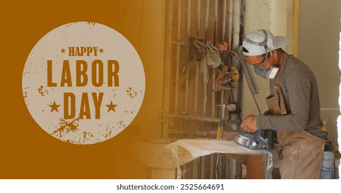 Image of happy labor day text over biracial male carpenter in workshop. Patriotism and celebration concept digitally generated image. - Powered by Shutterstock