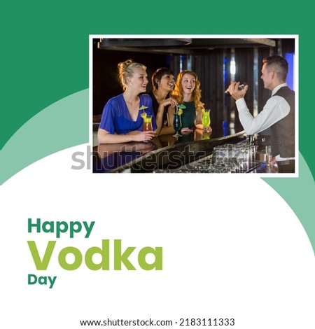 Image of happy vodka day over happy caucasian women and barman with drinks. Alcohol, beverage, bar and party concept.