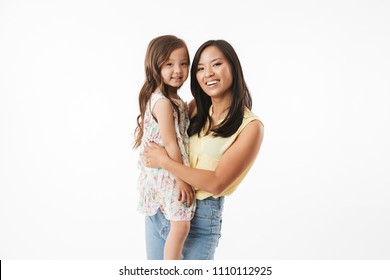 Image Of Happy Young Asian Woman Mother With Her Little Girl Child Daughter Isolated Over White Wall Background.