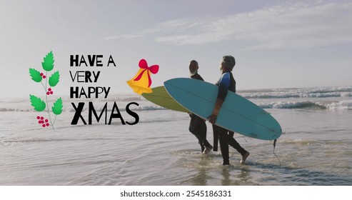 Image of have a very happy xmas over senior biracial couple with surfboards on beach. Christmas, tradition, celebration and family time concept digitally generated image. - Powered by Shutterstock