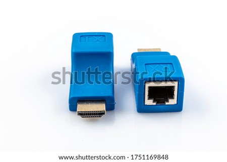 Image of HDMI extender to network lan internet adapter computer isolated on white background. Computer hardware. HDMI Extender by cat 6/6E cable HDMI interface RJ45 interface.