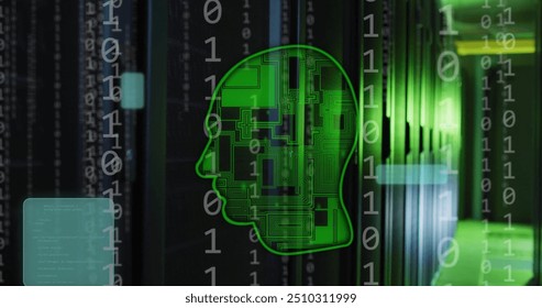 Image of head, binary coding data processing over computer servers. Global artificial intelligence, connections, computing and data processing concept digitally generated image.
