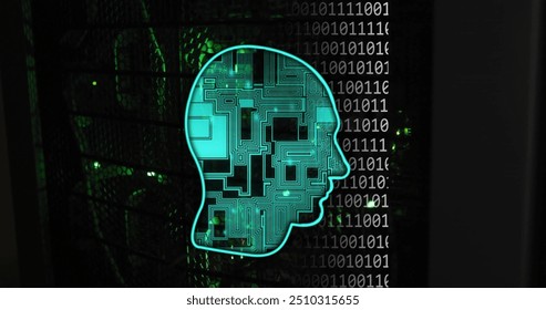 Image of head, binary coding and data processing over black background. Global artificial intelligence, connections, computing and data processing concept digitally generated image.