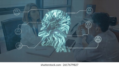 Image of head icon over two caucasian doctors. global medicine, technology, data processing and digital interface concept digitally generated image.